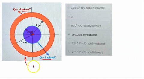a-solid-conducting-sphere-of-radius-2-cm-has-charge-of-8-microcoulomb-conducting-spherical-shell-of-inner-radius-4-cm-and-outer-radius-5-cm-is-concentric-with-the-solid-sphere-and-has-charge-19037