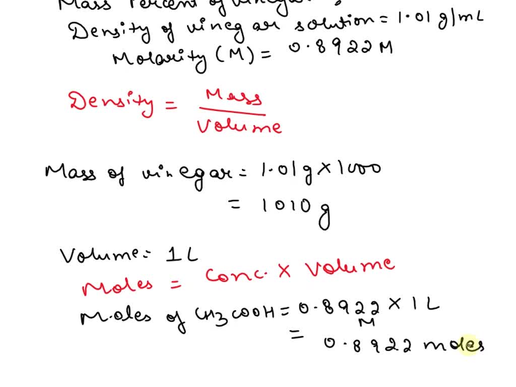 SOLVED: Using the average molarity of vinegar, calculate the mass ...