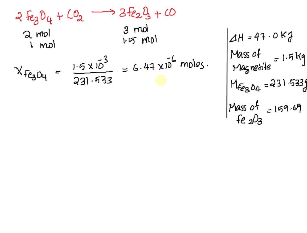 The reaction between (Fe3O4) and carbon dioxide gas produces