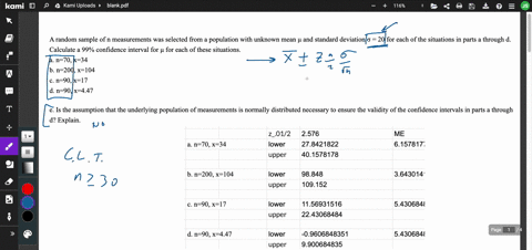 random-sample-of-n-measurements-was-selected-from-a-population-with-unknown-mean-and-standard-deviation-20-for-each-of-the-situations-in-parts-a-through-d-calculate-a-99-confidence-interval-45698