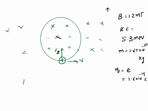 a-uniform-magnetic-field-b-with-magnitude-12-mt-is-directed-vertically-upward-throughout-the-volume-of-laboratory-chamber-proton-with-kinetic-energy-53-mev-enters-the-chamber-moving-horizont-86323