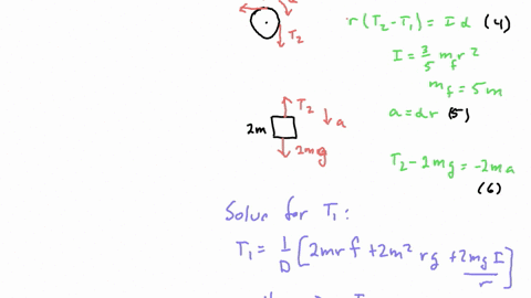 the diagram shows a system of two masses and a flywheel connected by a ...