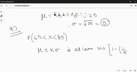 a-random-sample-of-data-has-a-mean-of-75-and-a-variance-of-25a-use-chebyshevs-theorem-to-determine-the-percent-of-observations-between-65-and-85b-if-the-data-are-mounded-use-the-empirical-ru-17208