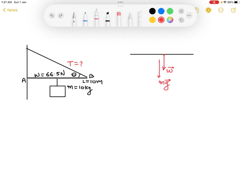 as-shown-in-the-figure-a-100-m-long-bar-is-attached-by-a-frictionless-hinge-to-a-wall-and-held-horizontal-by-a-light-rope-that-makes-an-angle-0-49-with-the-bar-the-bar-is-uniform-and-weighs-79847