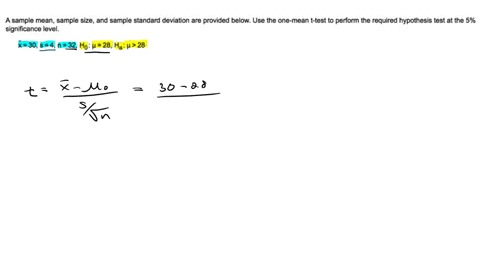 a-sample-mean-sample-size-and-sample-standard-deviation-are-provided-below-use-the-one-mean-t-test-t0-perform-the-required-hypothesis-test-at-the-5-significance-level-x30s-4n-32ho-4-28-ha-4-24845