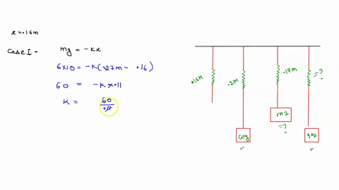 four-identical-springs-are-attached-to-surface-as-shown-determine-the-spring-force-spring-constant-and-stretch-length-in-each-case-also-determine-the-length-at-which-the-last-mass-will-hang-25194