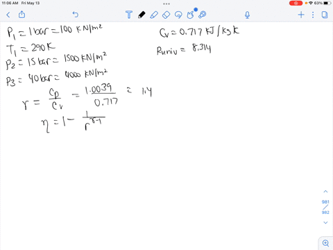 in-an-otto-cycle-air-at-1bar-and-290k-is-compressed-isentropic-ally-until-the-pressure-is-15bar-the-heat-is-added-at-constant-volume-until-the-pressure-rises-to-40bar-calculate-the-air-stand-68811