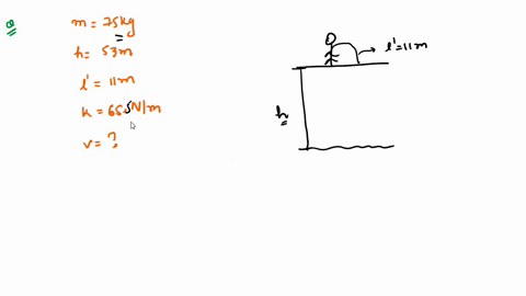 a-bungee-jumper-of-mass-75kg-is-standing-on-a-platform-53m-above-a-river-the-length-of-the-unstretched-bungee-cord-is-11m-the-spring-constant-of-the-cord-is-655nm-calculate-the-jumpers-speed-73866