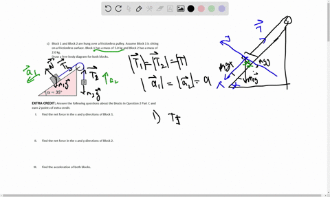 block-1-and-block-2-are-hung-over-a-frictionless-pulley-assume-block-1-is-sitting-on-a-frictionless-surface-block-1-has-a-mass-of-50-kg-and-block-2-has-mass-of-20kg-draw-a-free-body-diagram-52047