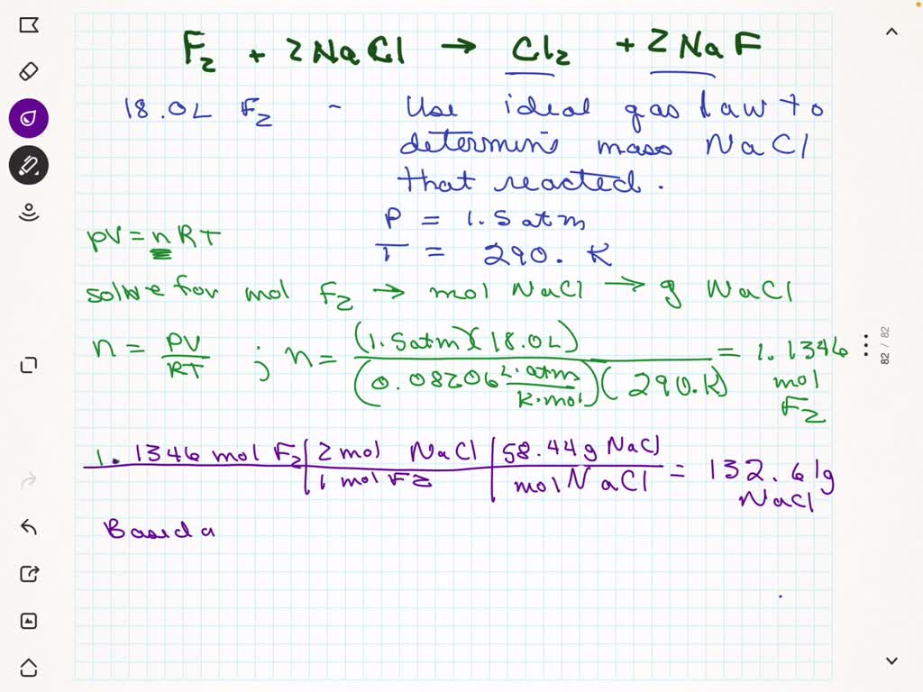 Part 1. A chemist reacted 18.0 liters of F2 gas with NaCl in the