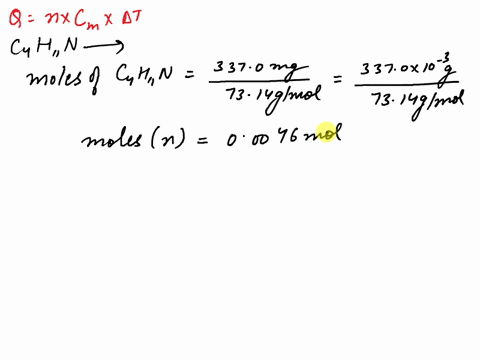 a-chemist-carefully-measures-the-amount-of-heat-needed-to-raise-the-temperature-of-a-3370mg-sample-of-c4h11n-from-67c-to-98c-the-experiment-shows-that-132j-of-heat-are-needed-what-can-the-ch-56396