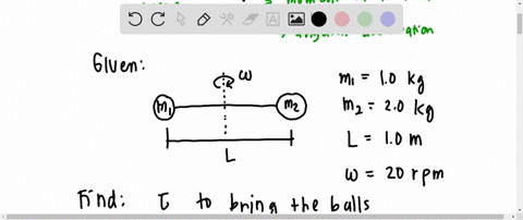 10-kg-ball-and-a-20-kg-ball-are-connected-by-a-10-m-long-rigidmassless-rod-the-rod-is-rotating-cw-about-its-center-of-mass-at-20rpmwhat-torque-will-bring-the-balls-to-a-halt-in-50-s-07362