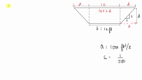what-will-be-the-depth-of-flow-in-a-trapezoidal-concrete-lined-channel-that-has-a-water-discharge-of-1000-cfs-the-channel-has-a-slope-of-1-ft-in-500-ft-the-bottom-width-of-the-channel-is-10-ft-and-the
