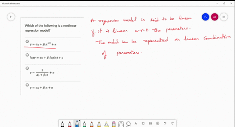which-of-the-following-is-a-nonlinear-regression-model-12-y-q0-b1x-u-logy-00-b1logx-u-y-u-ao-bx-y-q0-bx-u-60559