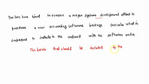 you-have-been-hired-to-oversee-a-major-systems-development-effort-to-purchase-a-new-accounting-software-package-describe-what-is-important-to-include-in-the-contract-with-the-software-vendor-94688