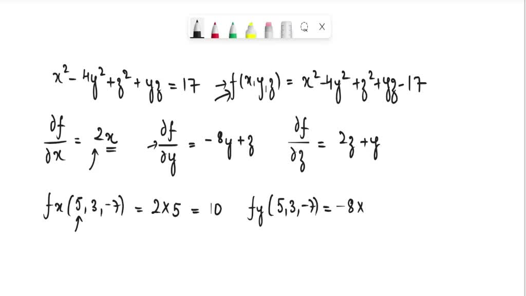 SOLVED: Find equations of the following: x^2 - 4y^2 + z^2 + yz = 17, (5 ...