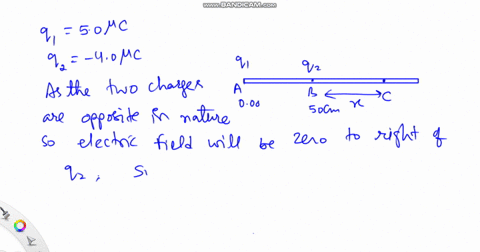 a-50-c-point-charge-is-placed-at-the-000-cm-mark-of-a-meter-stick-and-a-40-c-point-charge-is-placed-at-the-50-cm-mark-at-what-point-on-a-line-joining-the-two-charges-is-the-electric-field-du-24624