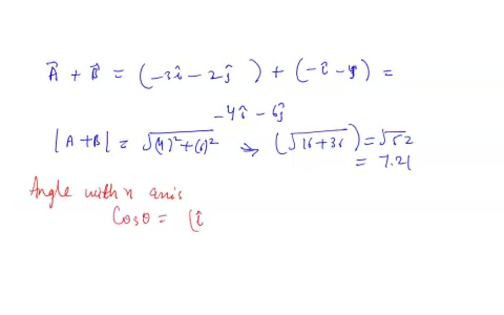 SOLVED: For vectors B = -i - 4j and A = -3i + 2j, calculate A+B and its ...