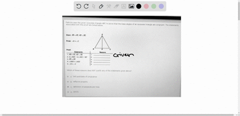 patricia-uses-the-given-isosceles-triangle-abc-associated-wilth-the-proof-are-listed-belom-prove-that-the-buse-angles-isosceles-triangle-are-congruent-the-statements-ciyen-ab-acad-prot-l0-3-20605