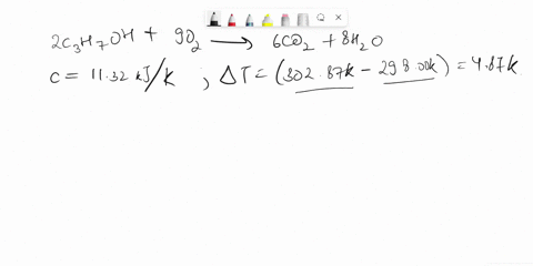 the-combustion-of-1642-g1642-g-of-propanol-c3h7ohc3h7oh-increases-the-temperature-of-a-bomb-calorimeter-from-29800-k29800-k-to-30287-k30287-k-the-heat-capacity-of-the-bomb-calorimeter-is-113-68474