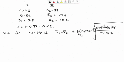 two-random-samples-are-selected-from-two-independent-populations-a-summary-of-the-samples-sizes-sample-means-and-sample-standard-deviations-is-given-below-n143-n238-x-1584-x-2796-s158-s2102-76896