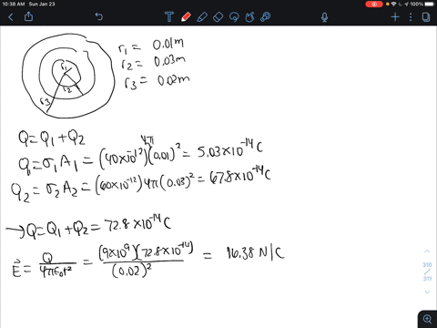 6-charge-of-uniform-density-40-pcm2-is-distributed-on-a-spherical-surface-radius-10-cm-and-a-second-concentric-spherical-surface-radius-30-cm-carries-a-uniform-charge-density-of-60-pcm2-what-64637
