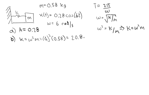 a-mass-of-058-kg-is-attached-to-a-spring-and-set-into-oscillation-on-a-horizontal-frictionless-surface-the-simple-harmonic-motion-of-the-mass-is-described-by-xt-028-mcos6-radst-determine-the-50284