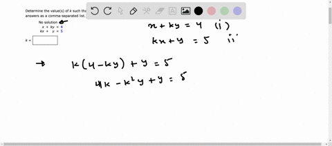 determine-the-values-of-k-such-that-the-system-of-linear-equations-has-the-indicated-number-of-solutions-enter-your-answers-as-a-comma-separated-list-no-solution-x-ky-kx-y-5-78823