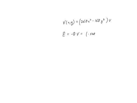 the-electric-potential-in-a-region-of-space-is-v-260-x2-160-y2v-where-x-and-y-are-in-meters-what-is-the-strength-of-the-electric-field-at-xy20m20m-what-is-the-direction-of-the-electric-field-82892