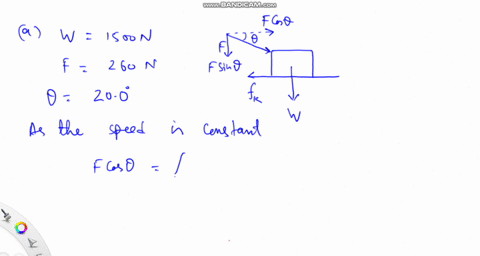 a-1500-n-crate-is-being-pushed-across-a-level-floor-at-a-constant-speed-by-a-force-f-of-260-n-at-an-angle-of-200-below-the-horizontal-as-shown-in-the-figure-a-below-two-figures-show-a-side-v-69449