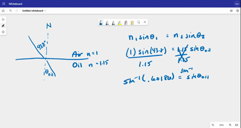 1-an-oil-layer-that-is-50-cm-thick-is-spread-smoothly-and-evenly-over-the-surface-of-water-on-awindless-day-what-is-the-angle-of-refraction-in-the-oil-for-a-ray-of-light-that-has-an-angle-of-27899