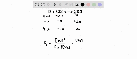 if-the-equilibrium-constant-for-the-following-reaction-is-010-determine-the-final-concentration-of-icl-if-40-moles-of-i2-and-cl2-were-entered-initialy-into-an-empty-10-l-flask-i2-cl2-2icl-17603