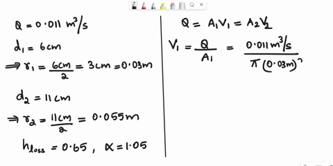 water-flows-at-a-rate-of-0011-m3s-in-a-horizontal-pipe-whose-diameter-increases-from-6-to-11-cm-by-an-enlargement-section-if-the-head-loss-across-the-enlargement-section-is-065-m-and-the-kin-94564