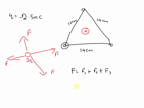 a-triangle-with-equal-sides-of-length-14-cm-has-25-nc-charged-objects-at-each-corner-part-a-determine-the-direction-of-the-electrical-force-exerted-on-the-object-at-the-top-corner-due-to-the-05955