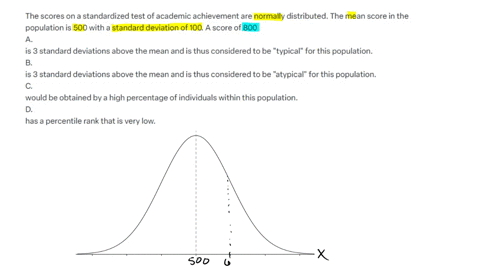 the-scores-on-a-standardized-test-of-academic-achievement-are-normally-distributed-the-mean-score-in-the-population-is-500-with-a-standard-deviation-of-100-a-score-of-800-a-is-3-standard-deviations-ab