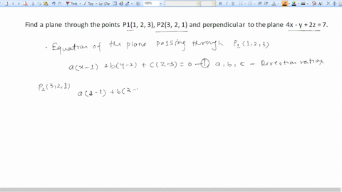 find-a-plane-through-the-points-p11-2-3-p23-2-1-and-perpendicular-to-the-plane-4x-y-2z-7-01916