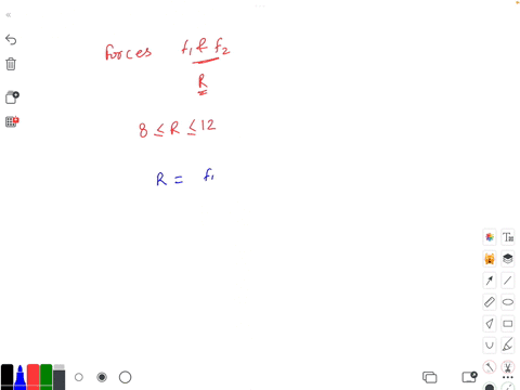two-forces-of-magnitudes-f1-f2-act-at-a-particle-the-magnitude-of-their-resultant-is-r-newton-where-8-r-12-then-f1-newton-f2-newton-given-that-f1-f2-53634