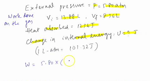1-the-external-pressure-on-a-gas-sample-is-580-atm-and-the-volume-changes-from-1388-l-to-836-l-during-this-process-the-system-absorbs-1236-j-of-heat-from-the-surroundings-calculate-the-chang-88375