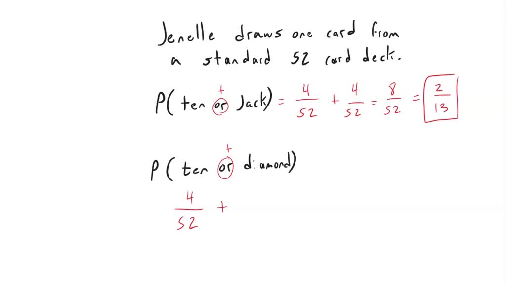 Jenelle draws one card from a standard deck of 52 cards. Determine the