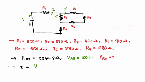 the-circuit-above-has-r1-820-r2-220-r3-470-r4-910-r5-560-r6-330-and-r7-680-and-an-equivalent-resistance-looking-into-points-a-and-b-of-rab-22448-the-voltage-applied-to-the-circuit-is-vab-100-79285