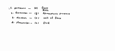 match-the-following1-pressure-a-fluid-pressure-2-barometer-b-unit-of-pressure-3-newton-c-non-contact-force-4-manometer-d-force-area-5-pascal-e-unit-of-force-6-magnetic-force-f-net-force-acti-68937