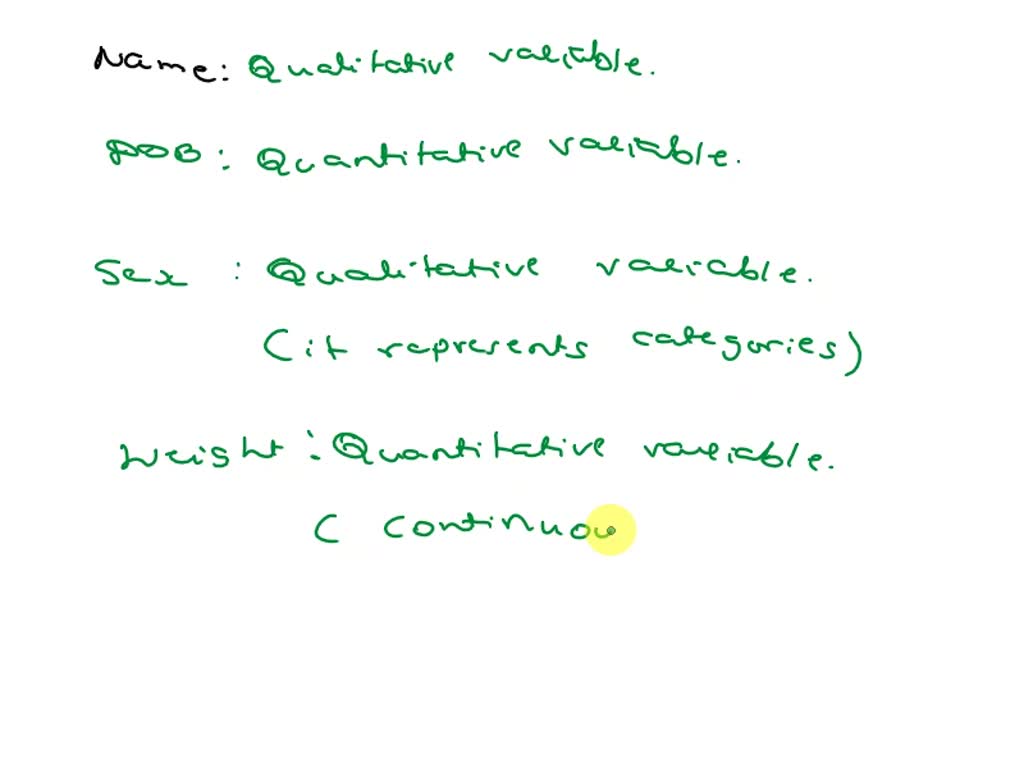 SOLVED: The following information is held in an employee database. Name,  Date of Birth, Sex, Weight, Height, Marital Status, Number of Children.  What is the type of each variable?