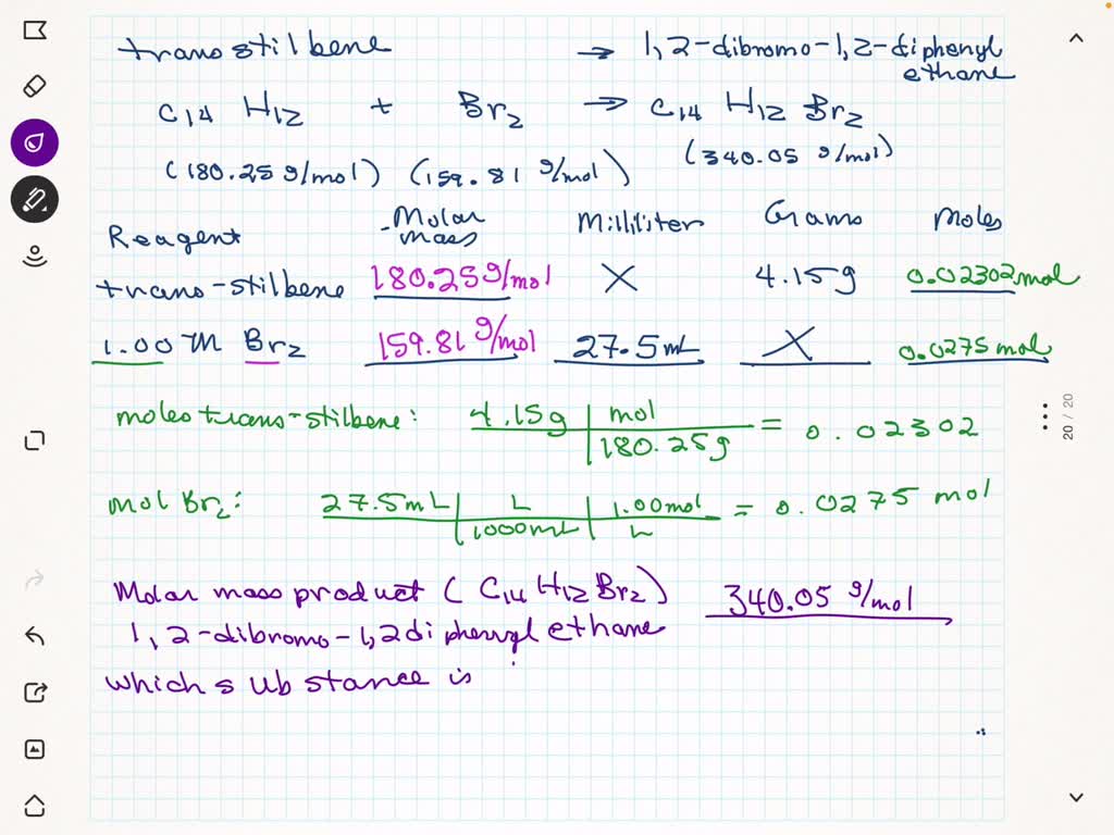 SOLVED Reagent Molar Mass Milliliters Grams Moles transstilbene 4.15
