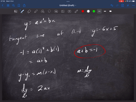 find-the-values-of-a-and-b-so-that-the-parabola-y-ax2-bx-has-a-tangent-line-at-1-1-with-equation-y-6x-5-14718