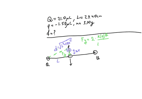 two-positive-charges-each-with-charge-of-q-210-c-are-held-fixed-at-a-distance-l-2940-cm-t0-either-side-of-particle-of-charge-4-150-c-and-mass-m-330-g-this-particle-is-constrained-to-move-alo-05803