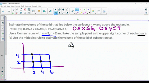 estimate-the-volume-of-the-solid-that-lies-below-the-surface-z-xy-and-above-the-rectangle-rxy-0-x-6-0y4-use-a-riemann-sum-with-m-3-n-2-and-take-the-sample-point-as-the-upper-right-corner-of-25736