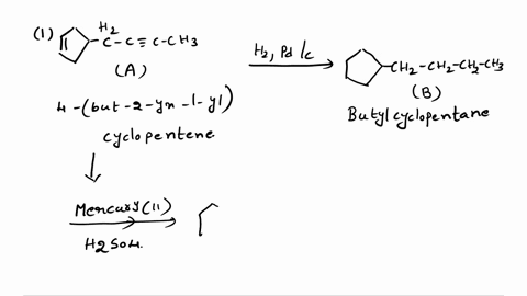 hydrocarbon-a-has-the-formula-c9h12-and-absorbs-3-equivalents-of-h2-to-yield-b-c9h18-when-hydrogenated-over-a-pdc-catalyst-on-treatment-of-a-with-aqueous-h2so4-in-the-presence-of-mercuryii-t-83502