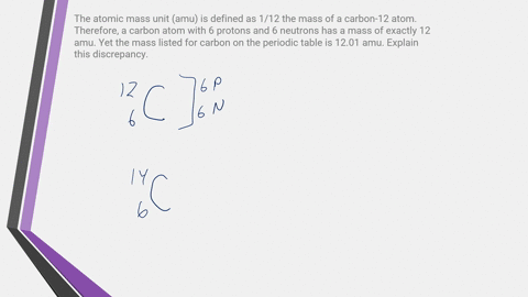 the-atomic-mass-unit-amu-is-defined-as-112-the-mass-of-a-carbon-12-atom-therefore-a-carbon-atom-with-6-protons-and-6-neutrons-has-a-mass-of-exactly-12-amu-yet-the-mass-listed-for-carbon-on-t-71633