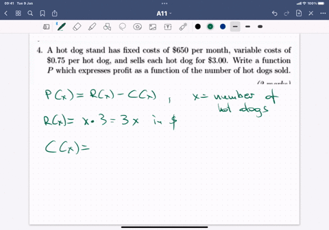 a-hot-dog-stand-has-fixed-costs-of-s650-per-month-variable-costs-of-8075-per-hot-dog-and-sells-each-hot-dog-for-300_-write-a-function-p-which-expresses-profit-as-function-of-the-number-of-ho-87971
