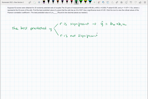 suppose-iq-scores-were-obtained-for-20-randomly-selected-sets-of-couplesthe-20-pairs-of-measurements-yield-x9566-y959-r0936-p-value0000-and-y1197113x-where-x-represents-the-iq-score-of-the-w-29143